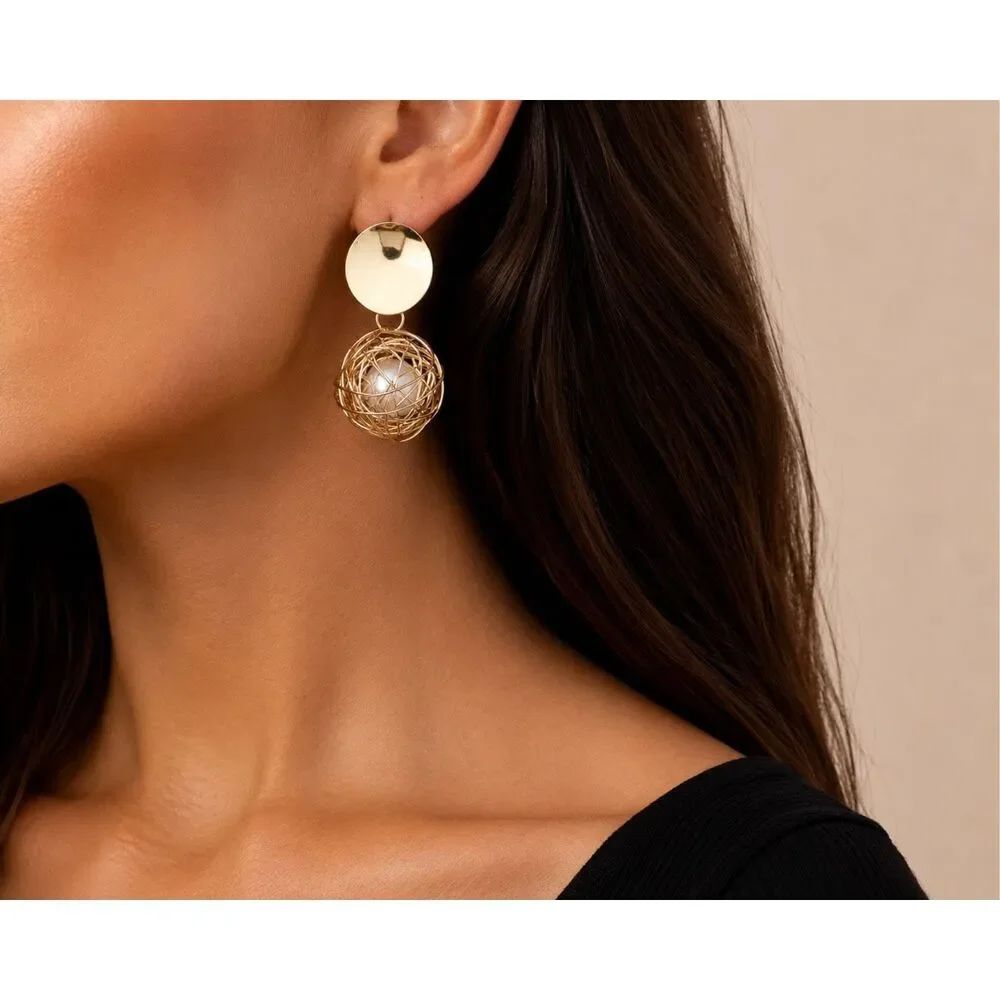 Zara Gold Tone Pearl Cage Drop Earrings Statement Wire Ball Dangle Earrings